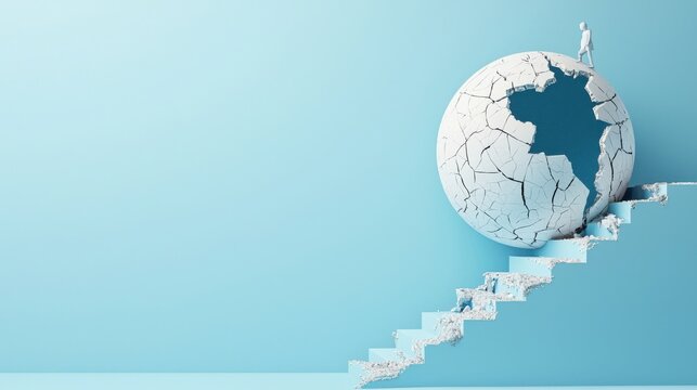 Cracked Globe and Stairs: A globe cracked into pieces with steps leading up to it, representing the journey small businesses take through an unstable economy