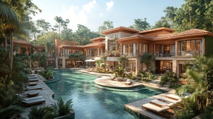 Luxurious resort with a pool surrounded by tropical greenery.