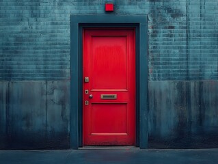 Red Door on Blue Brick Wall - Urban Architecture Photography