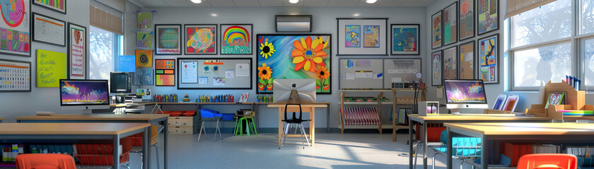 Art Teacher's Room Wall: Featuring student artwork displays, art supplies storage, and a board with art project ideas