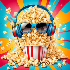 Illustration of popcorn with headphones and sunglasses on the abstract background.