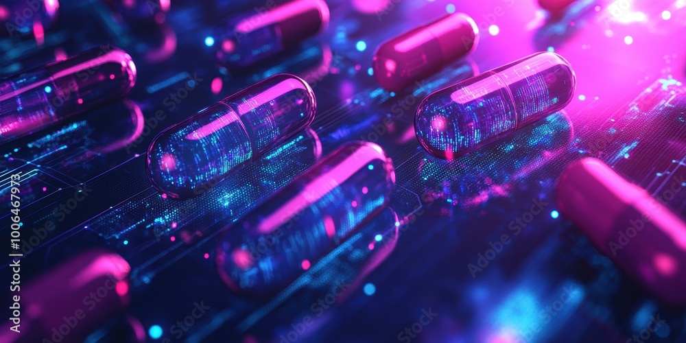 Poster modern digital abstract 3d background with medical capsules and floating data points visualizing fut