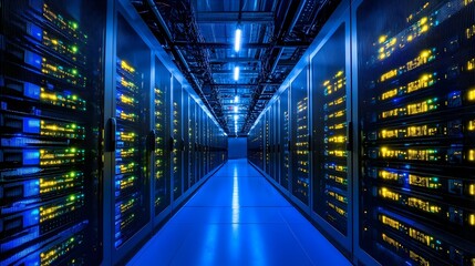 Dark Blue Illuminated Data Center Server Room with Rows of Computer Mainframe Equipment