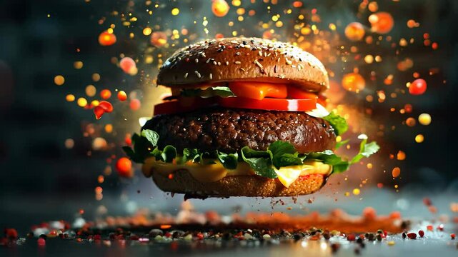 Close-Up Floating Burger with Exploding Ingredients in Slow Motion