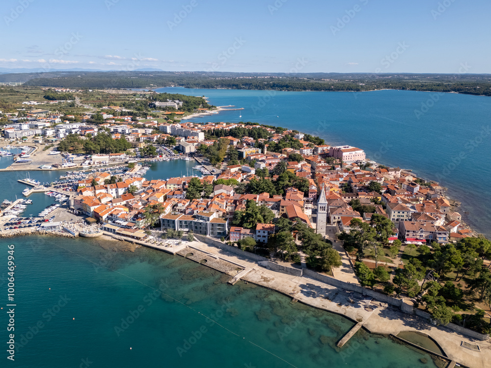 Wall mural aerial drone photo of the coastal town of novigrad in istria, croatia.