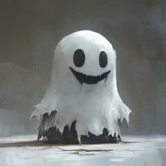 Cheerful Quirky Ghost with Friendly Smile in Ghostly White Background
