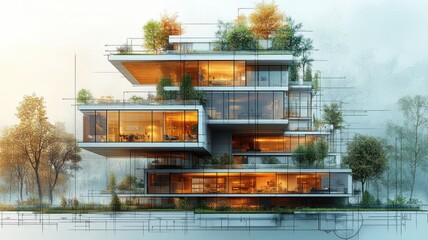 Modern architectural design featuring green terraces and large windows.