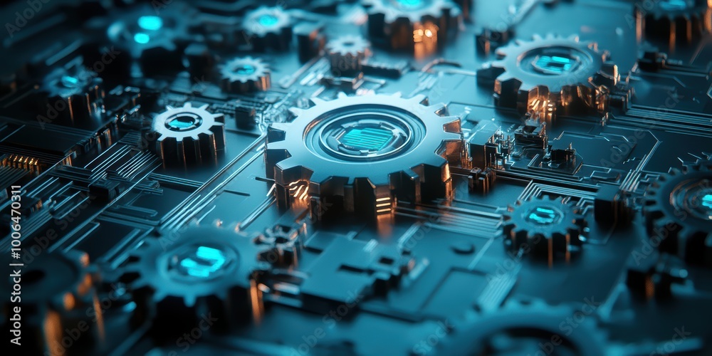 Poster modern digital abstract 3d background with interlocking gears and circuits representing automation a