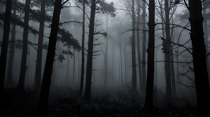 Obraz premium Dark Foggy Forest with Towering Trees and Gloomy Atmosphere Creating a Mysterious and Enigmatic Woodland Scene