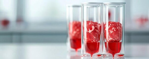 Test tubes with red liquid and ice cubes on a kitchen counter, white isolate background.
