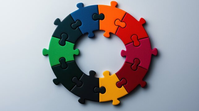 Diverse puzzle pieces coming together to form a perfect circle, each piece representing a different cultural background, symbolizing unity and harmony in diversity