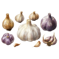 Obraz premium Garlic Bulbs and Cloves Isolated on a Transparent Background