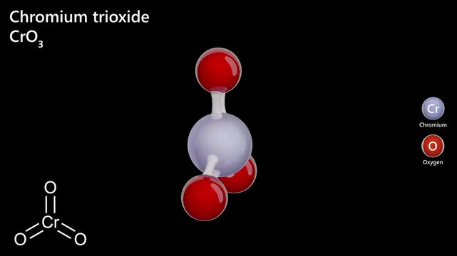 Chromium trioxide (CrO3) is a brown crystalline inorganic compound. Highly corrosive and a strong oxidizer, it&rsquo;s used in wood preservatives, metal finishing, and is a known carcinogen. 3D render