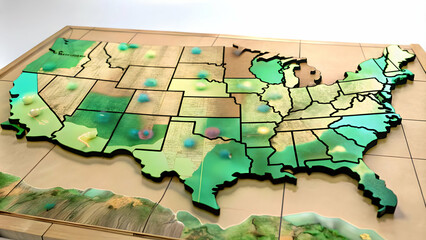 Fototapeta premium Holographic Electoral Map Concept: Extreme Close-Up of 3D Map with Real-Time Vote Updates, Detailed Regional Data, Isolated on White Background, Data Streams