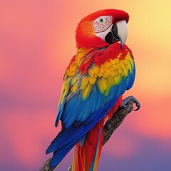 Obraz premium Vibrant Parrot Perched on Branch at Sunset Pink Background
