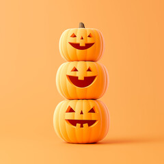 Ultra Minimalistic Halloween Cute Baby Pumpkin Stack, Awesome Festive Trendy Funny 3D Cartoon Background. Colorful Pile, Tower, Pyramid, Abstract. Jack-o-Lantern Faces, Eyes. Seasonal Marketing Banner