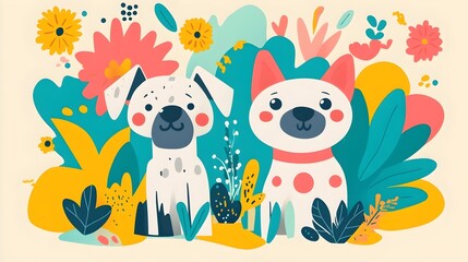 Fototapeta premium Cute Cartoon Pug Dog and Floral Foliage Vibrant