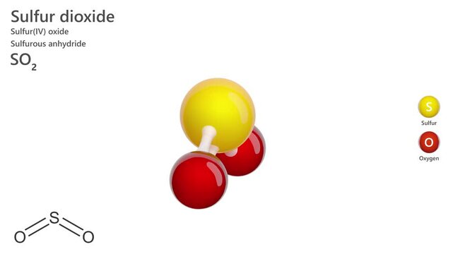 Sulfur dioxide (SO2) is a colorless gas with a strong odor. It serves as a food bleaching agent, refrigerant, and is a metabolite of Escherichia coli. White background. 3D render. Seamless loop