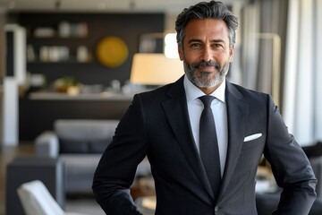 Fototapeta premium Portrait of a confident middle-aged man in a black suit