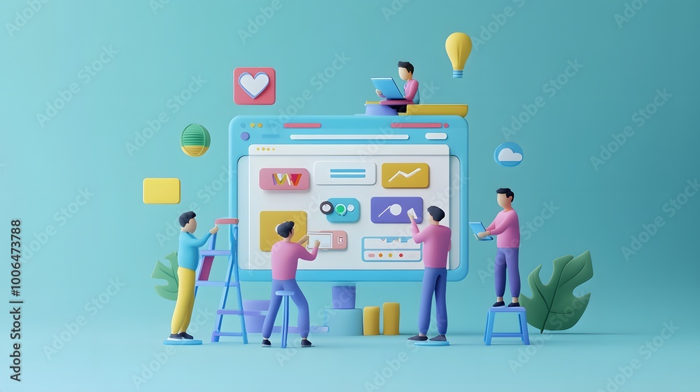 Fototapete web ui ux design teamwork concept 3d illustration. team people building creating website user interf