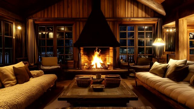 Cozy living room with glowing fireplace and soft lighting creating a warm and inviting space. Seamless looping time-lapse animation video background