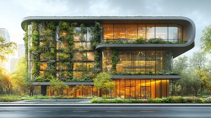 Modern building with greenery, showcasing sustainable architecture.