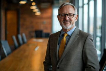 Fototapeta premium A Middle-Aged Businessman in a Suit Stands in an Office