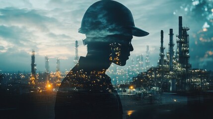 Silhouette of an engineer, partially obscured by a background image of an industrial factory at night