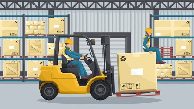 Animation of transporting people on the forklift is prohibited. Dangers of driving a forklift. Forklift driving safety. Work accident in a warehouse. Security First. Accident prevention at work