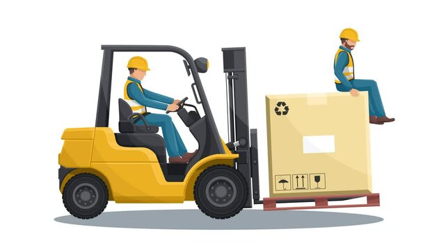 Animation of transporting people on the forklift is prohibited. Dangers of driving a forklift. Forklift driving safety. Work accident in a warehouse. Security First. Accident prevention at work