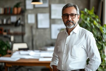 A Man in a White Shirt and Glasses Stands in His Office