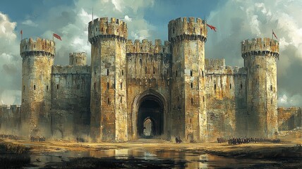 A grand medieval castle with towering walls and battlements.