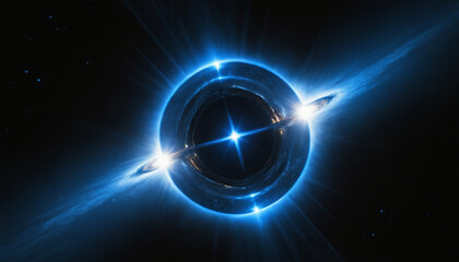 Obraz premium Shiny Blue Star with Optical Lens Flares on Black Background.