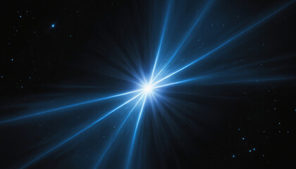 Fototapeta premium Shiny Blue Star with Optical Lens Flares on Black Background.