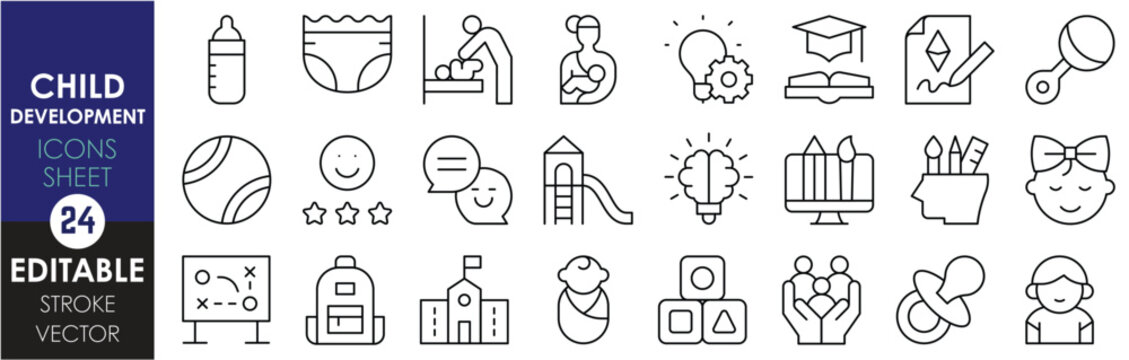A set of line icons related to child development. Child, care, toys, books, creative, kids, study, skill, brain, kindergarten, bags, and so on. Vector editable stroke.