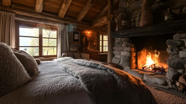 Cozy rustic bedroom with stone fireplace and soft bedding creating a warm retreat. Seamless looping time-lapse animation video background