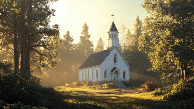 A classic white church with a spire, cross shining brightly at the top, nestled among tall trees, and bathed in the soft glow of afternoon sunlight.