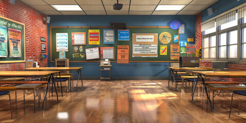 Speech and Debate Coach's Wall: Covered in debate topic posters, speech competition schedules, and a board with practice debate topics.