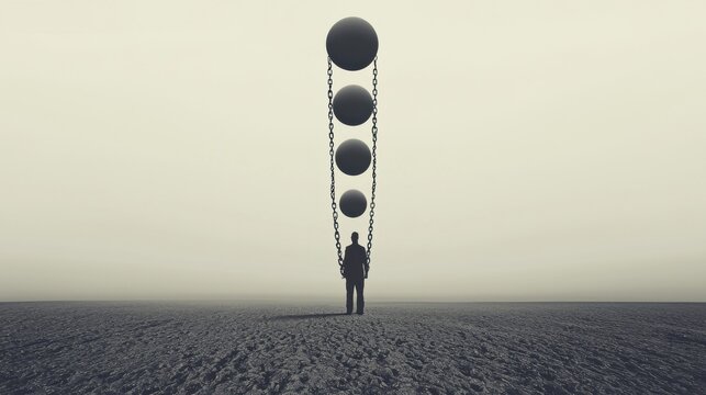 Floating Dreams, Anchored Self: A person standing on the ground with their dreams and goals floating above them like balloons