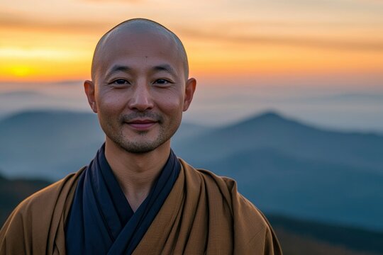 A Buddhist Monk Gazing at the Sunset Over Mountains
