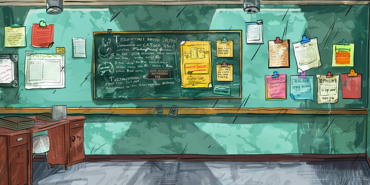 Speech and Debate Coach's Wall: Covered in debate topic posters, speech competition schedules, and a board with practice debate topics.