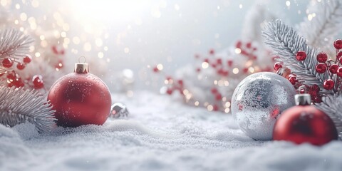 Christmas Baubles On Snow With Fir Branches 