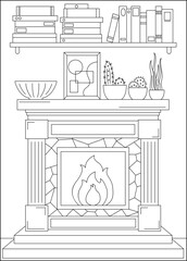 fireplace bookshelf minimal style coloring book page
