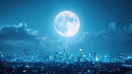 A stunning night view of a vibrant city skyline illuminated by a full moon, surrounded by clouds and twinkling stars, creating a magical atmosphere.