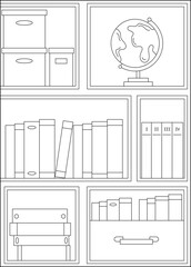 globe bookshelf minimal style coloring book page