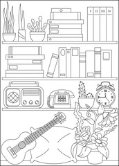 guitar bookshelf minimal style coloring book page