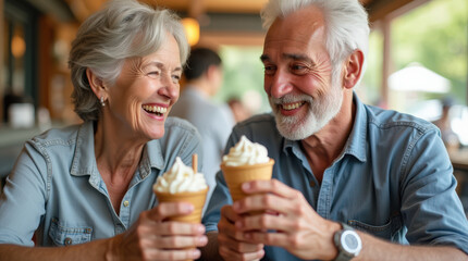 Happy Senior Couple Enjoying Ice Cream Outdoors &ndash; Celebrating Life with Joyful Moments in Retirement