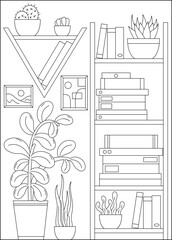plant bookshelf minimal style coloring book page