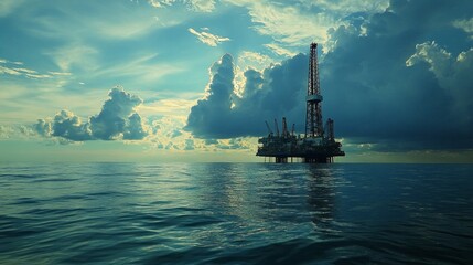 Fototapeta premium An offshore drilling rig, towering over the water, sunny, cloudy, blue sky.