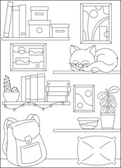 cat bookshelf minimal style coloring book page